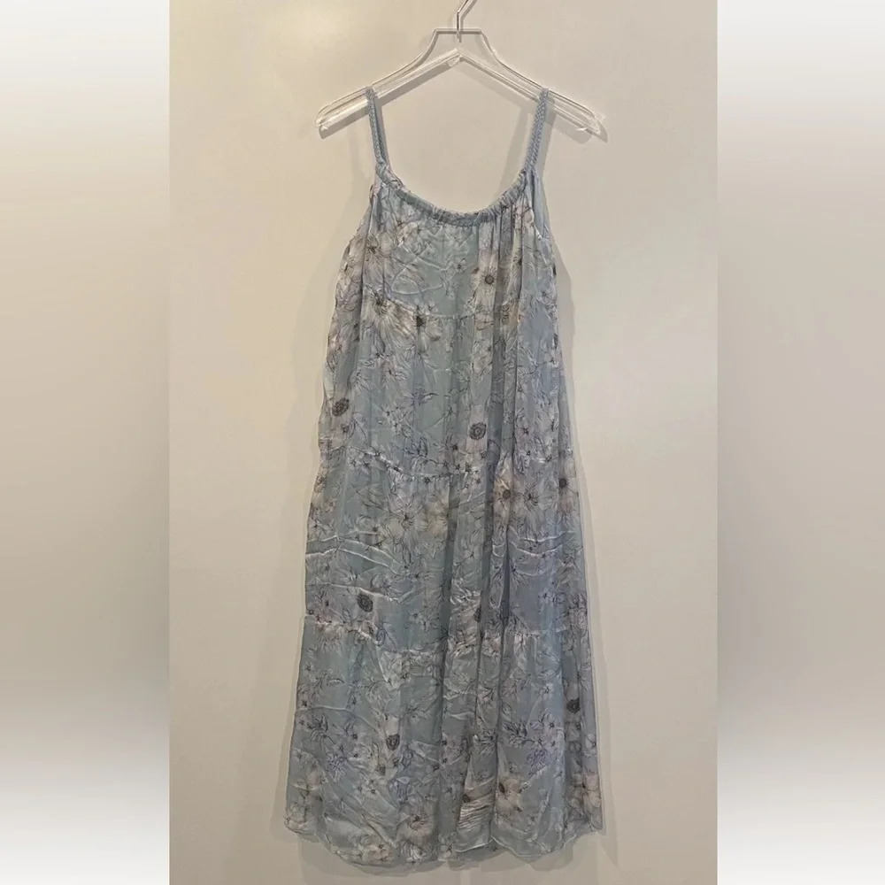 Elena Baldi Silk Blend Tiered Floral Maxi Dress Blue Womens Large‎ NWT